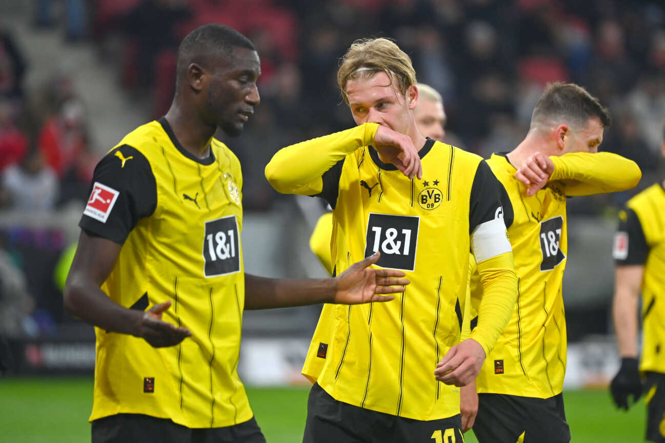 v.li:Serhou GUIRASSY (DO), Julian BRANDT (Borussia Dortmund), Pascal GROSS (DO), Enttaeuschung,Frust,enttaeuscht, frustriert,niedergeschlagen,Aktion. Fussball 1. Bundesliga Saison 2024 2025, 10.Spieltag, Spieltag10 1.FSV Mainz 05 -Borussia Dortmund 3-1 am 09.11.2024, MEWA ARENA