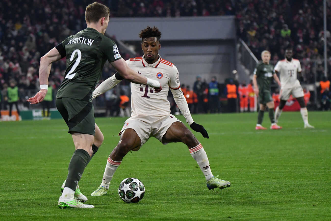 18.02.2025, Allianz Arena, München, Championsleague, FC Bayern München vs Celtic Glasgow , im Bild Alistair Johnston (Glasgow), Kingsley Coman (München) (Photo by Midori Ikenouchi Hasan Bratic DeFodi Images) Defodi-506_20250218_hbr_0056 *** 18 02 2025, Allianz Arena, Munich, Champions League, FC Bayern Munich vs Celtic Glasgow , in picture Alistair Johnston Glasgow , Kingsley Coman Munich Photo by Midori Ikenouchi Hasan Bratic DeFodi Images Defodi 506 20250218 hbr 0056 Defodi-506 .