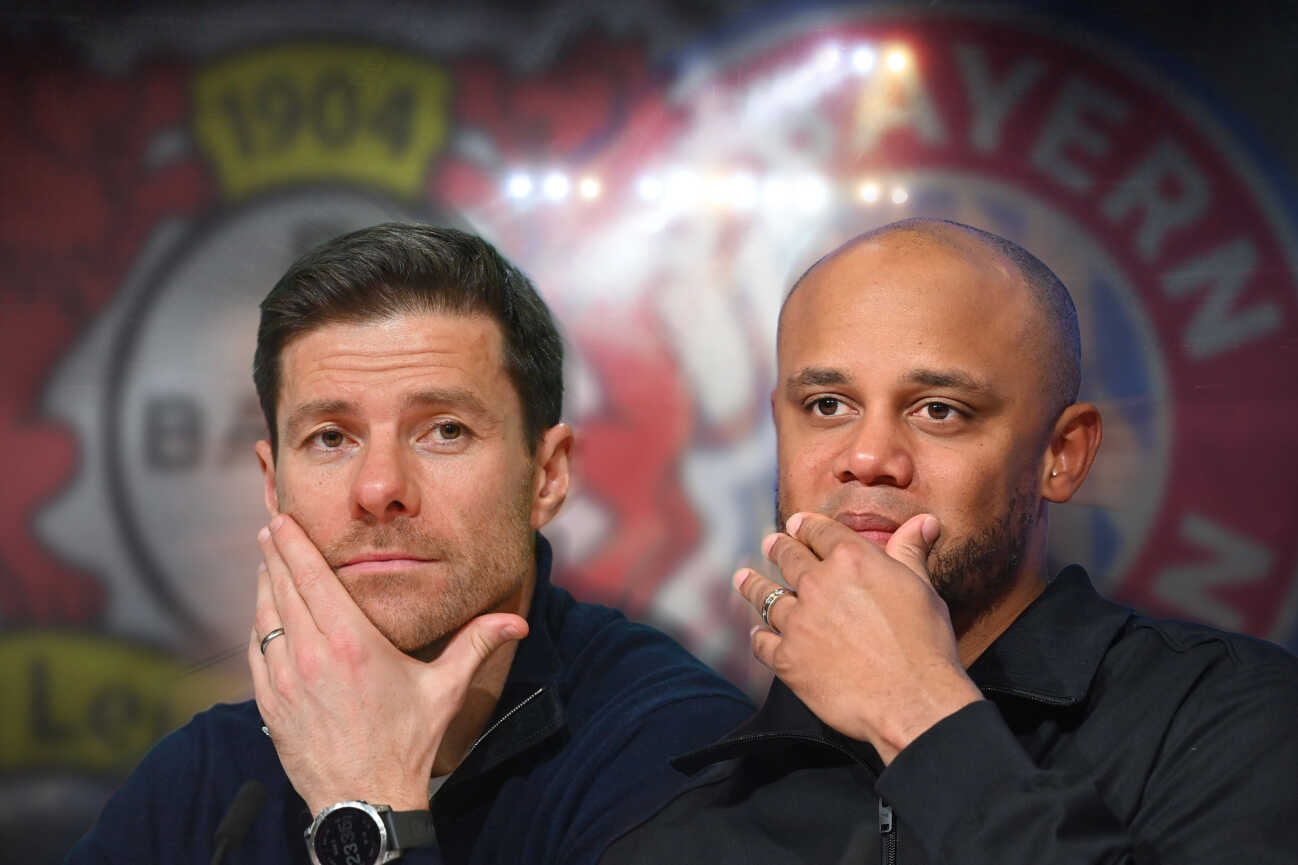 FOTOMONTAGE:Fussball Champions League Auslosung Achtelfinale am 21.02.2025 Trainer Vincent KOMPANY (re,Bayern Muenchen) trifft im Achtelfinale auf Bayer 04 Leverkusen und Trainer Trainer Xabi ALONSO. *** PHOTOMONTAGE Football Champions League draw round of 16 on 21 02 2025 Coach Vincent KOMPANY re,Bayern Muenchen will face Bayer 04 Leverkusen and coach Xabi ALONSO in the round of 16