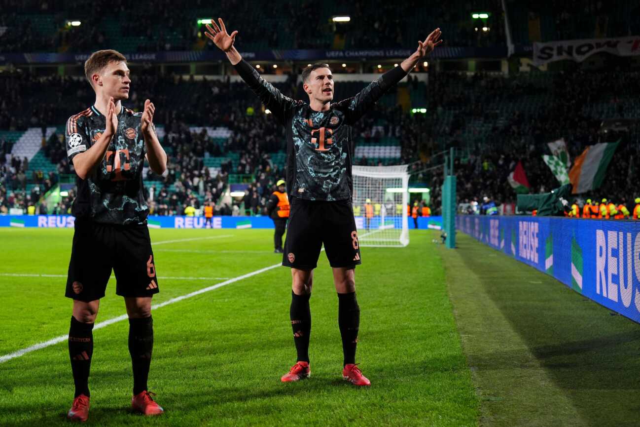 Joshua Kimmich of Bayern Munich and Leon Goretzka of Bayern Munich celebrate in front of the fans after the final whistle Celtic v Bayern Munich, UEFA Champions League, Knockout Round Play-offs, First Leg, Football, Celtic Park, Glasgow, UK - 12 Feb 2025 EDITORIAL USE ONLY No use with unauthorised audio, video, data, fixture lists, club league logos or live services. Online in-match use limited to 120 images, no video emulation. No use in betting, games or single club league player publications. PUBLICATIONxINxGERxSUIxAUTxHUNxGRExMLTxCYPxROUxBULxUAExKSAxONLY Copyright: xStuartxWallace Shutterstockx 15136907fp