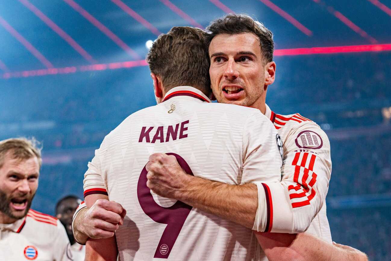 05.03.2025, FC Bayern München vs. Bayer Leverkusen, UEFA Champions League, Achtelfinale-Hinspiel Tor zum 1:0 durch Harry Kane (FC Bayern Muenchen, 9) hier Leon Goretzka (FC Bayern Muenchen, 8) Konrad Laimer (FC Bayern Muenchen, 27) *** 05 03 2025, FC Bayern München vs Bayer Leverkusen, UEFA Champions League, round of 16 first leg goal to 1 0 by Harry Kane FC Bayern Muenchen, 9 here Leon Goretzka FC Bayern Muenchen, 8 Konrad Laimer FC Bayern Muenchen, 27 Copyright: xBahhoxKarax