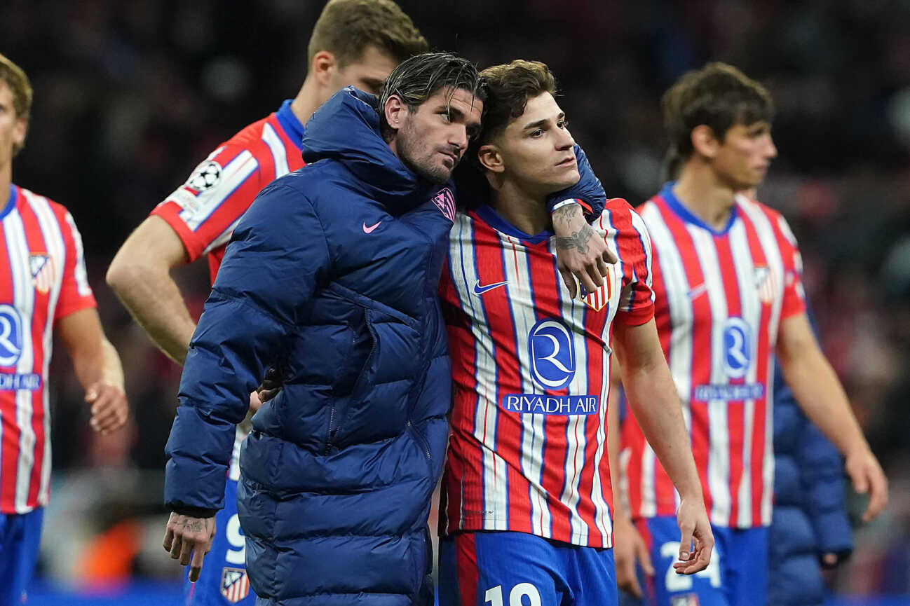 Atletico de Madrid s Rodrigo de Paul and Julian Alvarez dejected after Champions League 2024 2025 Round of 16 2nd leg match. March 12,2025. (20250312495)