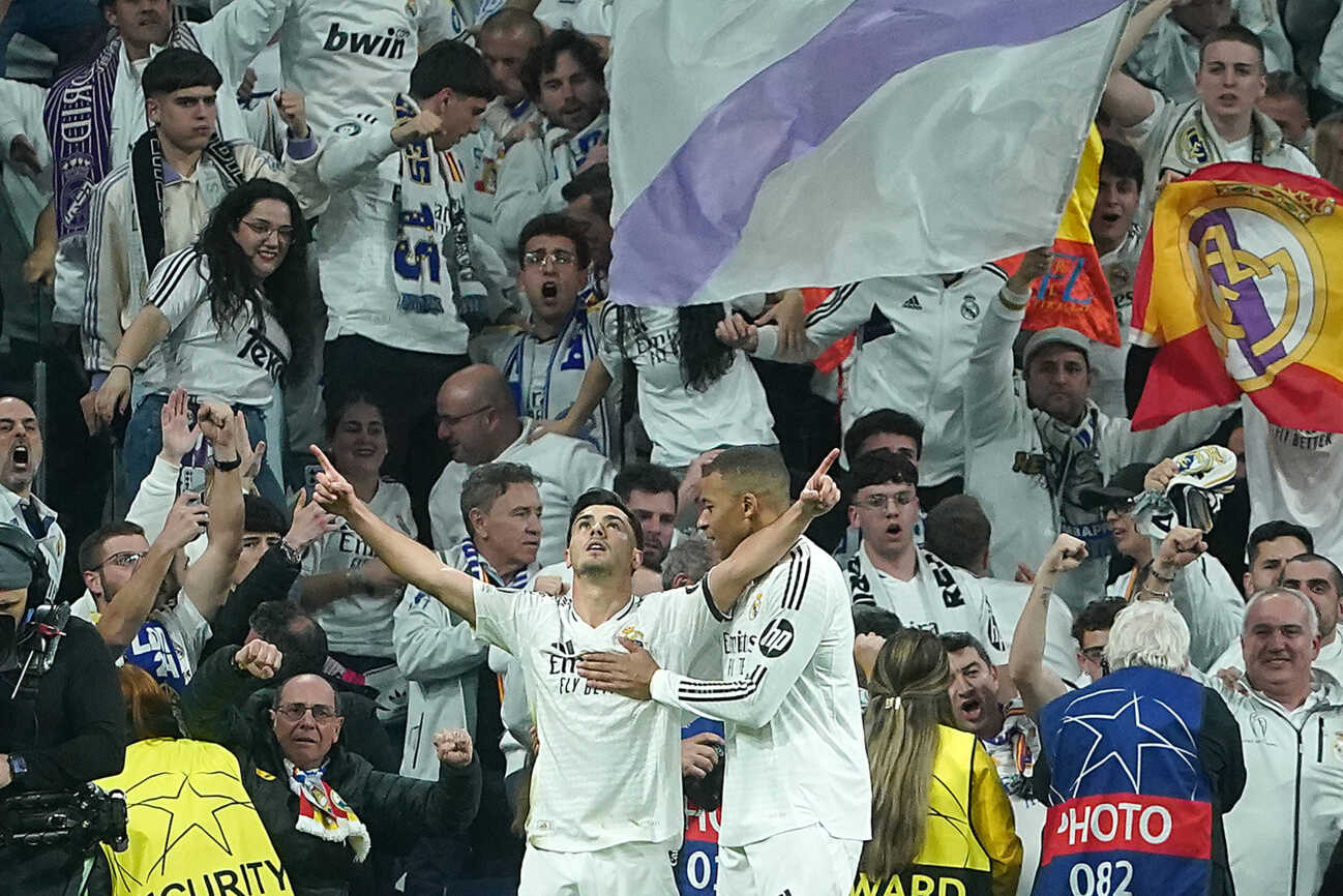 Real Madrid CF s Brahim Diaz (l) and Kylian Mbappe celebrate goal during Champions League 2024 2025 Round of 16 1st leg match. March 4,2025. (20250304367)